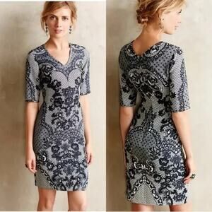 Anthropologie Yoana Baraschi Sheath Dress Women 8 Lace Infused Printed Navy